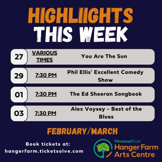 As February moves into March, Hanger Farm promises another great month of content and events, promising to keep the staff and volunteers busy. With a fantastic array on our programme this month, what will you be watching?
 
Browse our shows, and tell us what you're watching in the comments below.

🎟️ Book tickets here: https://buff.ly/3P4Rez9

#HangerFarm #Totton #LiveEntertainment #LiveMusic #LiveMusicTotton #LiveMusicSouthampton #LiveEntertainmentTotton #LiveEntertainmentSouthampton #WhatsOnHampshire #HampshireEvents