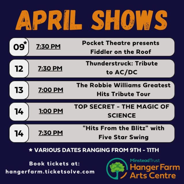 Hanger Farm continues to promise more great content and events, ensuring to keep the staff and volunteers busy. With a fantastic array on our programme this month, what will you be watching?

Browse our shows, and tell us what you're watching in the comments below.

🎟️ Book tickets here: https://buff.ly/3P4Rez9

#HangerFarm #Totton #LiveEntertainment #LiveMusic #LiveMusicTotton #LiveMusicSouthampton #LiveEntertainmentTotton #LiveEntertainmentSouthampton #WhatsOnHampshire #HampshireEvents