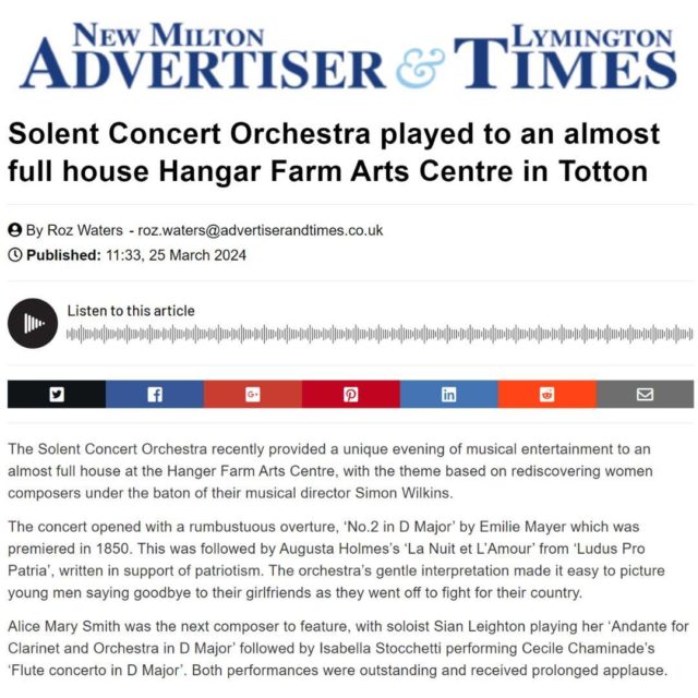 Welcoming the Solent Concert Orchestra was a treat for audiences, giving us music and symphonies that have persisted throughout time, with a focus on rediscovering female women composers.

What we didn't expect was one of the audience members writing a piece for the New Milton Advertiser & Lymington Times for the event. We're particularly excited about the piece's love for the orchestra and all the lovely things it had to say about performance. 

To read the full article, follow the link here: https://buff.ly/3VFXLFL

#HangerFarm #Totton #LiveEntertainment #LiveMusic #LiveMusicTotton #LiveMusicSouthampton #LiveEntertainmentTotton #LiveEntertainmentSouthampton #WhatsOnHampshire #HampshireEvents #Article #Journalism